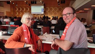 Foto: Bettina Faber-Ruffing und Marcus Leitschuh bei der Vollversammlung des ZdK in Stuttgart. (Foto: Norpoth, nh)